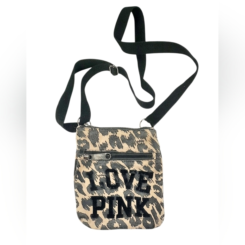 Victorias Secret Love Pink Crossbody Purse Bag Women’s Cheetah Print Black Beige